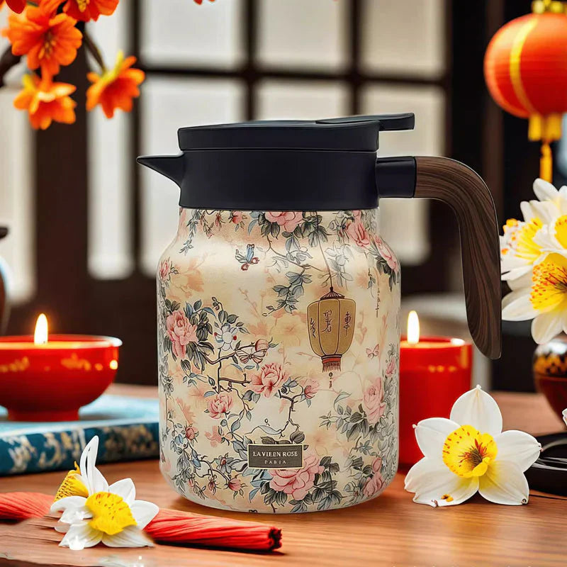 Vintage Floral Pattern Tea Thermos – Built-In Infuser, 28 Oz/35 Oz