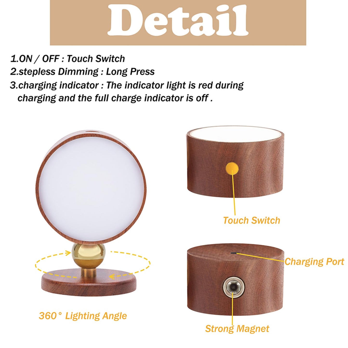 360-Degree Rotating Walnut Magnetic Wall Lamp