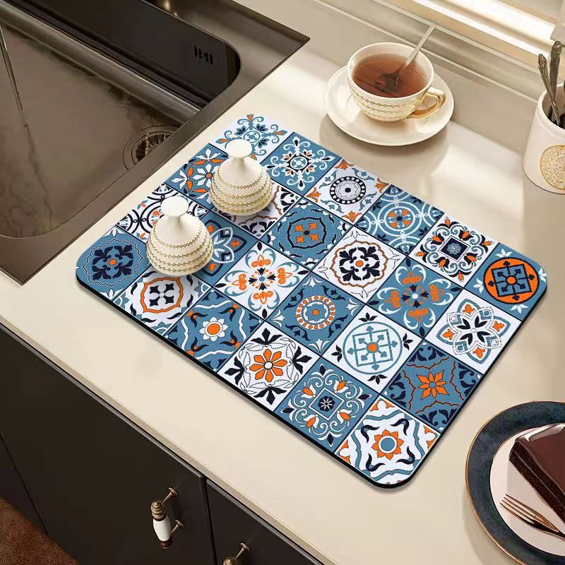 Retro Quick-Drying Water-Draining Mat for Kitchen Bar Countertops