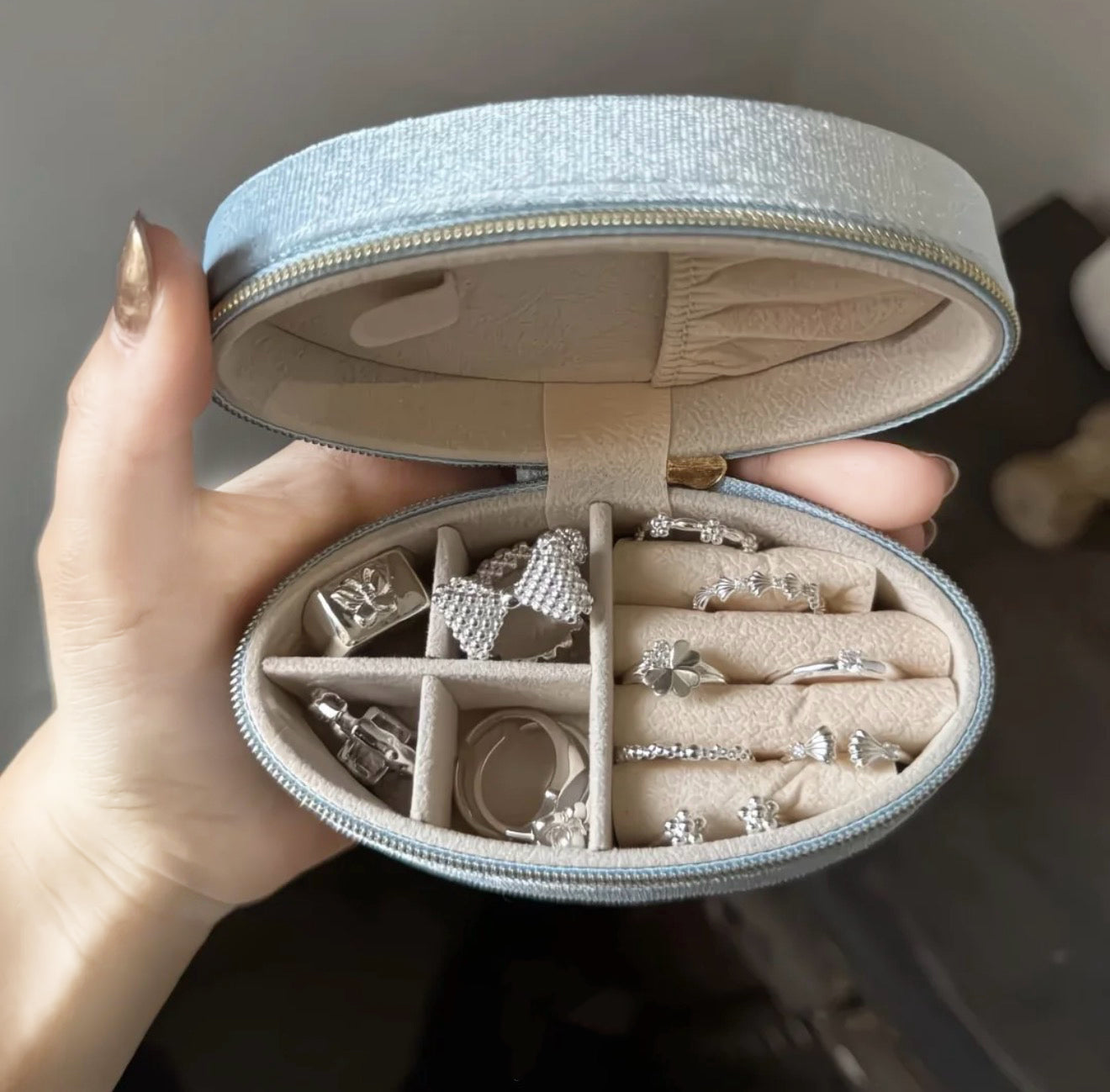 Joyero de Terciopelo Retro - Mini Organizador de Viaje Ovalado para Anillos, Pendientes, Collares, Estuche Portátil con Cremallera