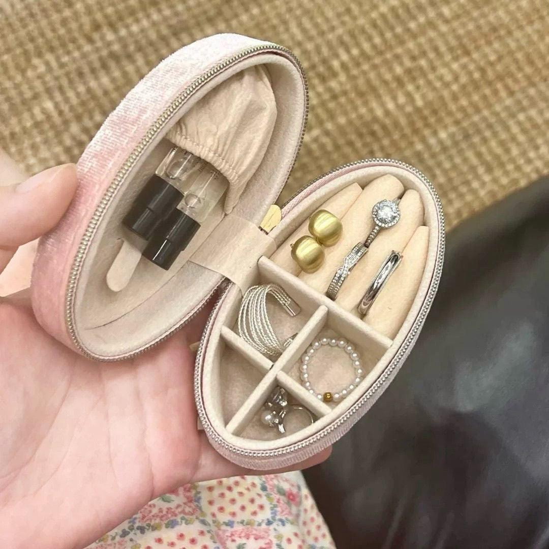 Joyero de Terciopelo Retro - Mini Organizador de Viaje Ovalado para Anillos, Pendientes, Collares, Estuche Portátil con Cremallera