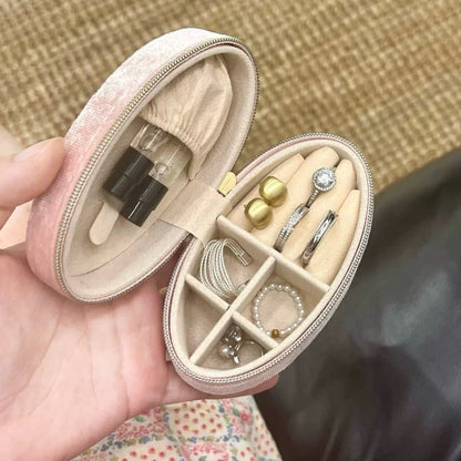 Joyero de Terciopelo Retro - Mini Organizador de Viaje Ovalado para Anillos, Pendientes, Collares, Estuche Portátil con Cremallera