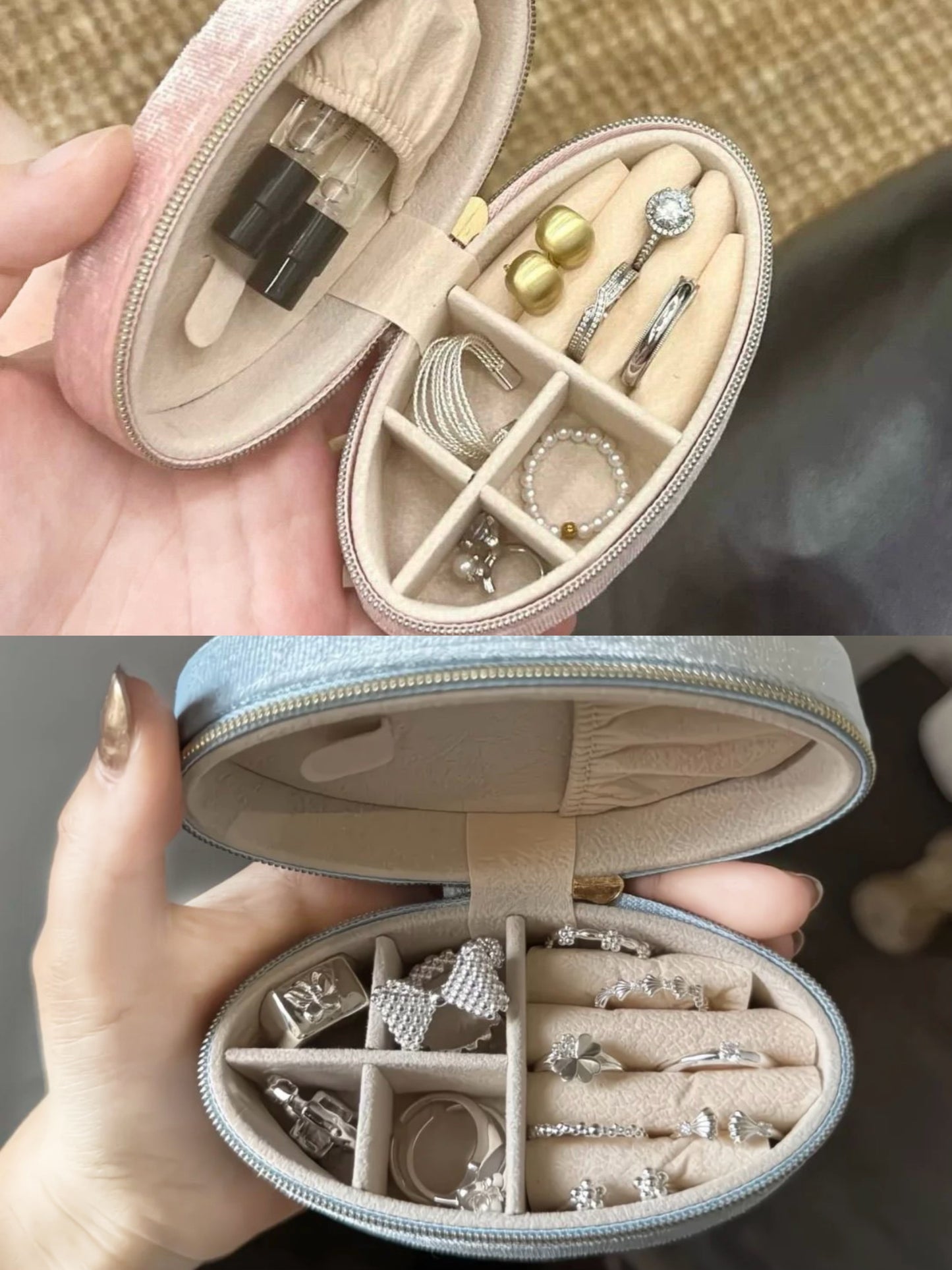 Joyero de Terciopelo Retro - Mini Organizador de Viaje Ovalado para Anillos, Pendientes, Collares, Estuche Portátil con Cremallera