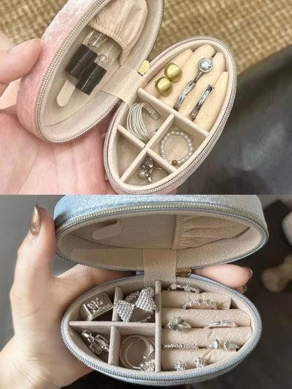 Joyero de Terciopelo Retro - Mini Organizador de Viaje Ovalado para Anillos, Pendientes, Collares, Estuche Portátil con Cremallera