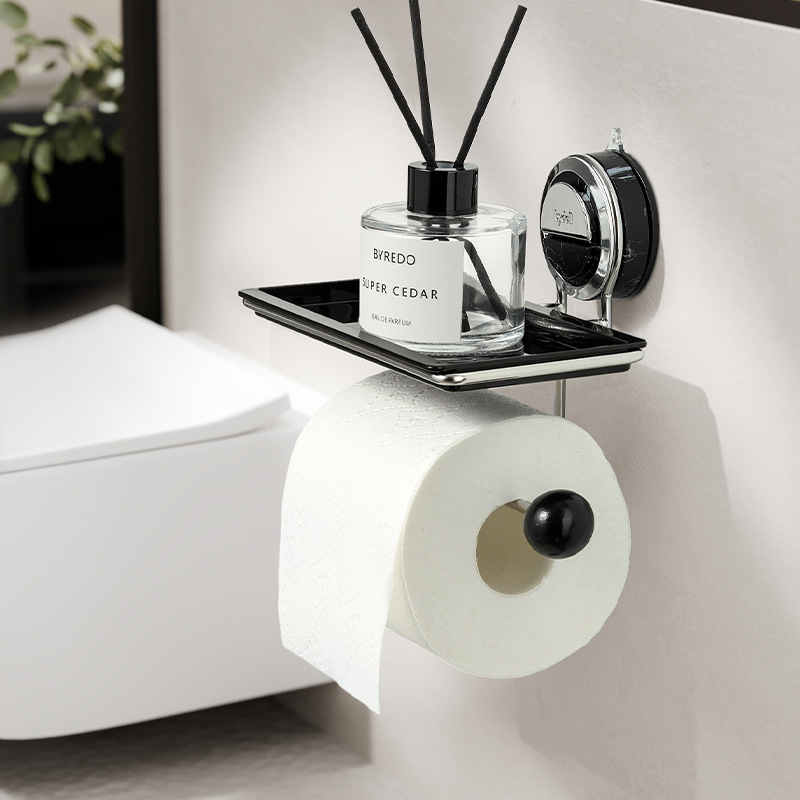 No-Drill Suction Walnut Wood & Steel Toilet Paper Holder