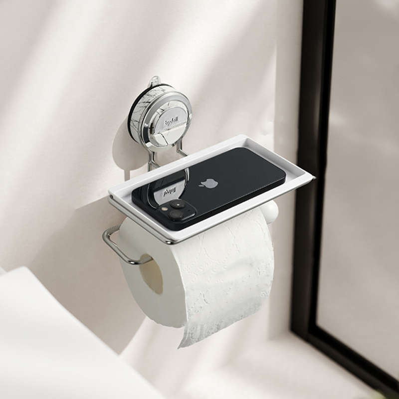 No-Drill Suction Walnut Wood & Steel Toilet Paper Holder