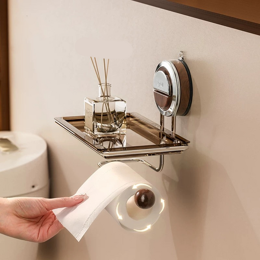 No-Drill Suction Walnut Wood & Steel Toilet Paper Holder