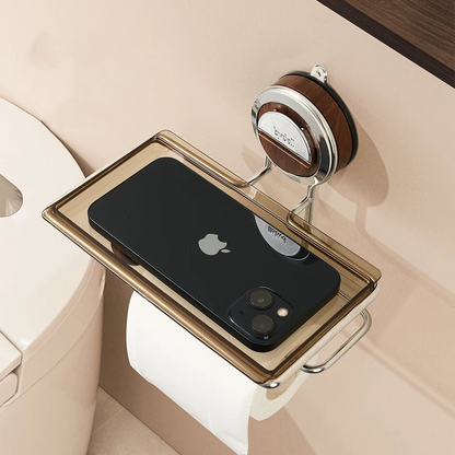 No-Drill Suction Walnut Wood & Steel Toilet Paper Holder