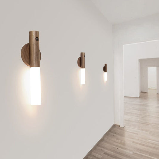 No-Drill Magnetic Walnut Motion Sensor Wall Lamp - Wireless Convenience and Elegant Design