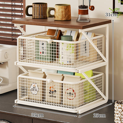 No-Assembly Pull-Out Coffee & Tea Organizer Rack – Solid Wood & Carbon Steel Storage Shelf