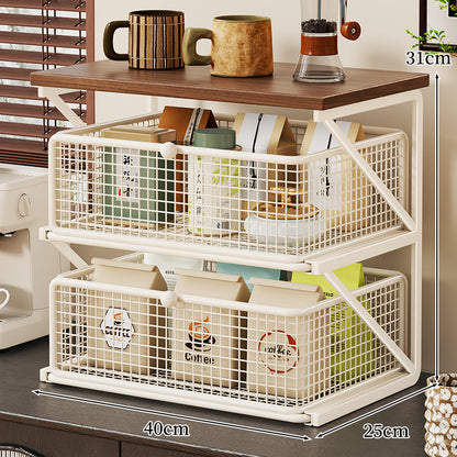 No-Assembly Pull-Out Coffee & Tea Organizer Rack – Solid Wood & Carbon Steel Storage Shelf