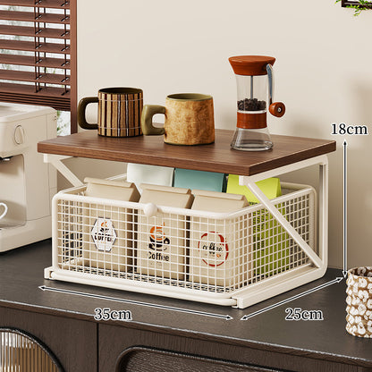 No-Assembly Pull-Out Coffee & Tea Organizer Rack – Solid Wood & Carbon Steel Storage Shelf