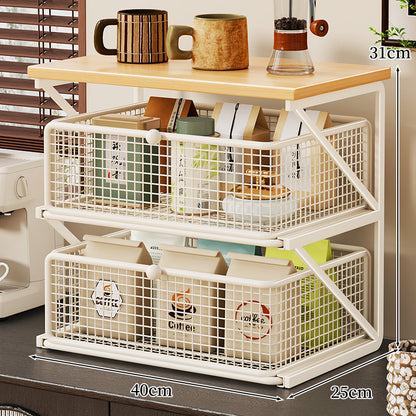 No-Assembly Pull-Out Coffee & Tea Organizer Rack – Solid Wood & Carbon Steel Storage Shelf