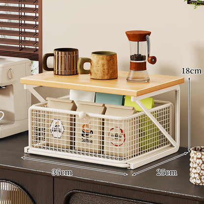 No-Assembly Pull-Out Coffee & Tea Organizer Rack – Solid Wood & Carbon Steel Storage Shelf