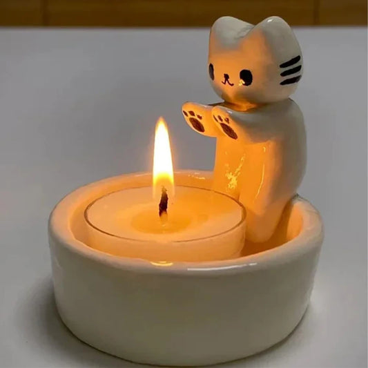 Mini Cat Candlestick Cute Grille Resin Cat Aromatherapy Candlestick Living Room Desktop Decoration Birthday Gift Ornament