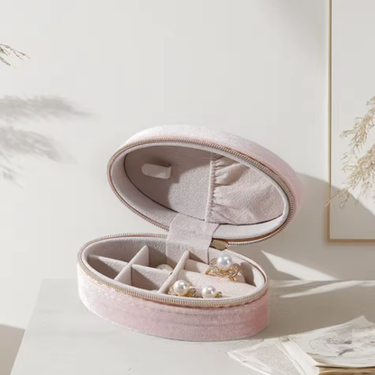 Joyero de Terciopelo Retro - Mini Organizador de Viaje Ovalado para Anillos, Pendientes, Collares, Estuche Portátil con Cremallera