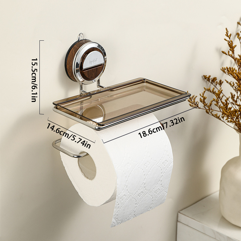 No-Drill Suction Walnut Wood & Steel Toilet Paper Holder