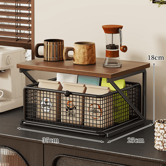 No-Assembly Pull-Out Coffee & Tea Organizer Rack – Solid Wood & Carbon Steel Storage Shelf